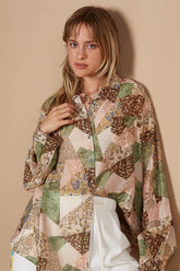 POL Button-Down Long Sleeve Printed Shirt Moss Charcoal OutfitFlow